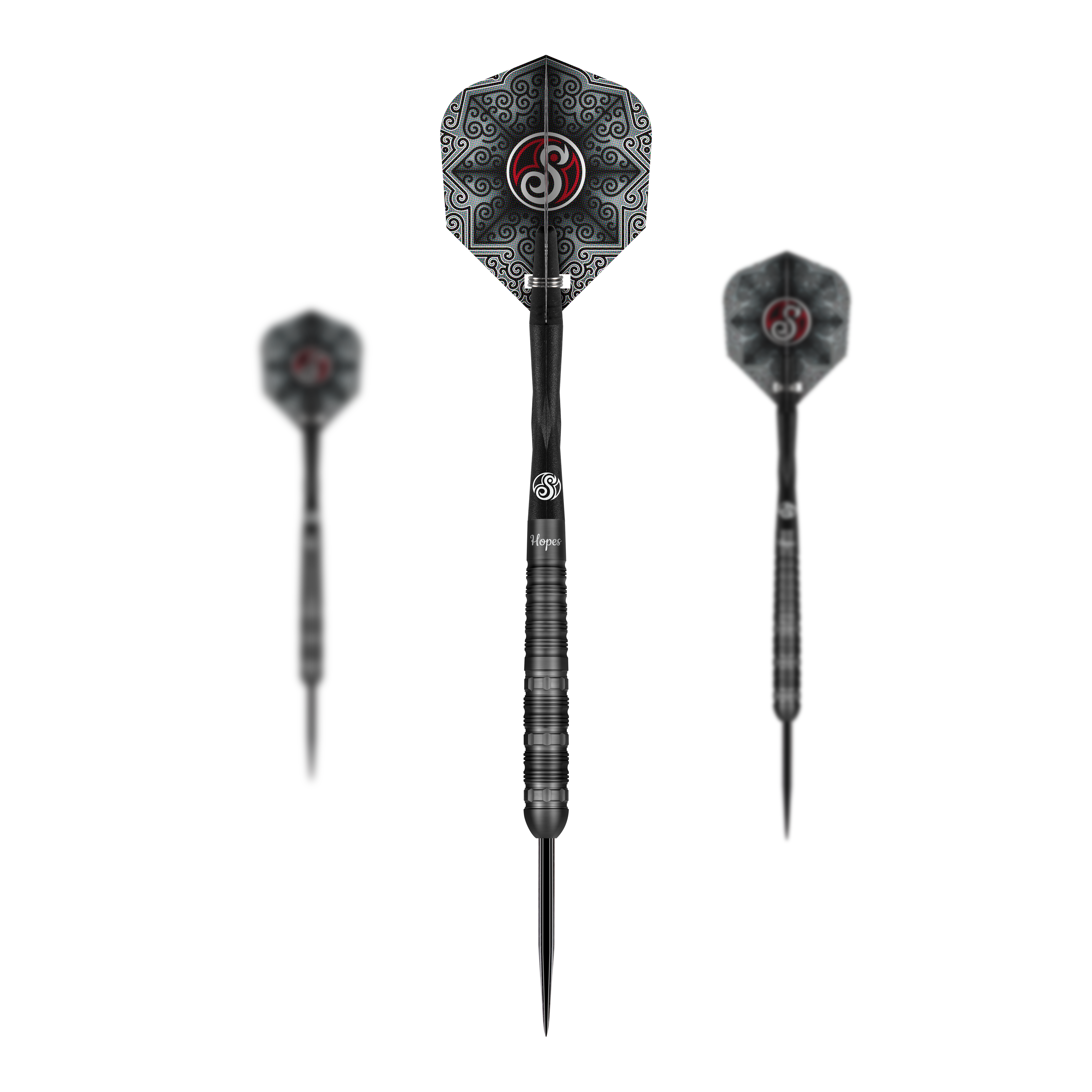 Das Bild zeigt drei Steeldarts des Produkts "Shot Pro-Series Haupai Puha 2" mit einem Gewicht von 24 Gramm. Die Darts haben ein schwarzes Design mit auffälligen Mustern auf den Flights.